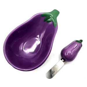 Eggplant Ceramic Dip Bowl with Spreader Knife Purple & Green 6.5x4x2"